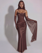 Vittoria — Draped Strapless Maxi Dress in Brown