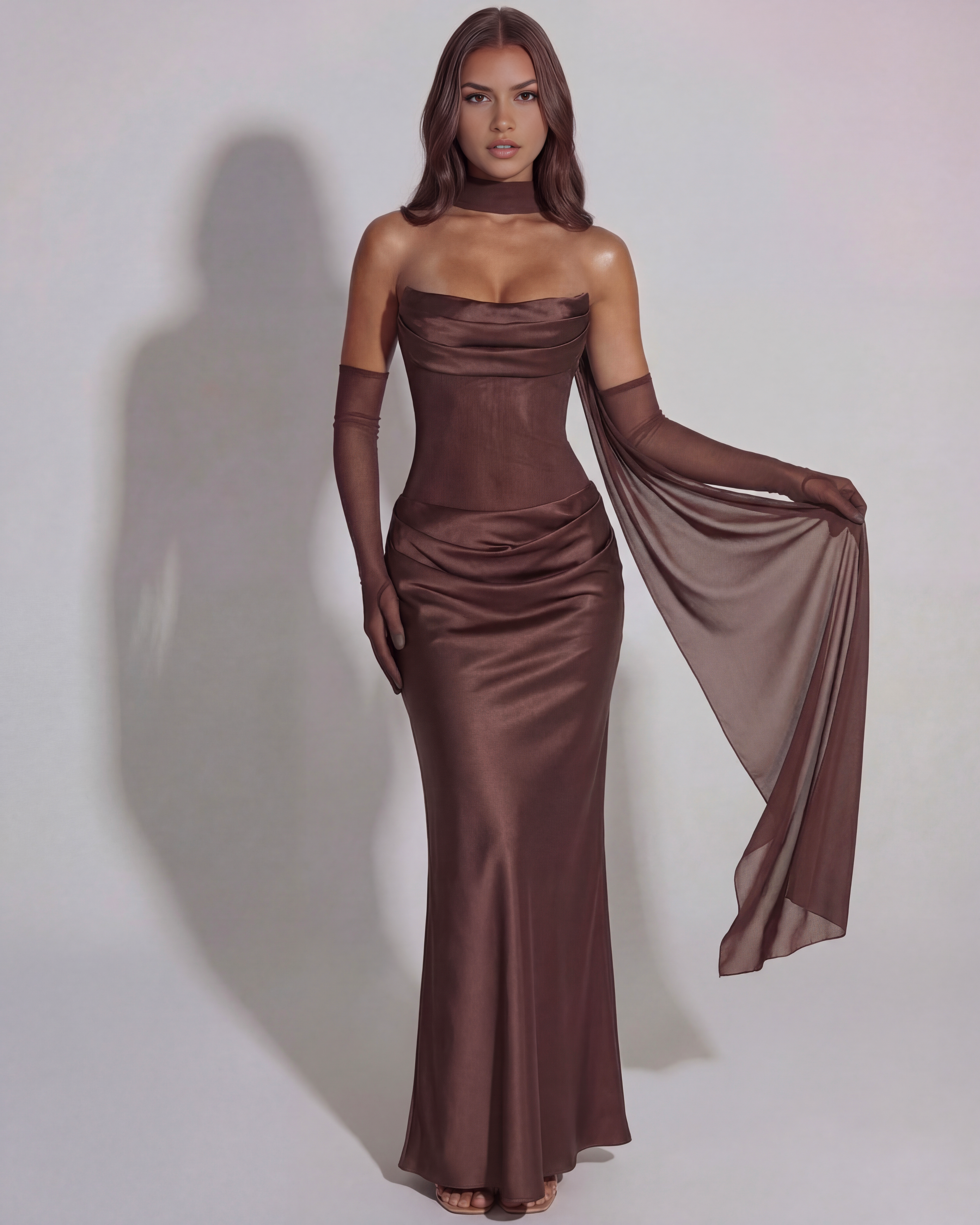 Vittoria — Draped Strapless Maxi Dress in Brown