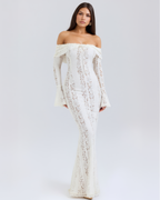 Alessandra Off-Shoulder — Floral Lace Maxi Dress in White