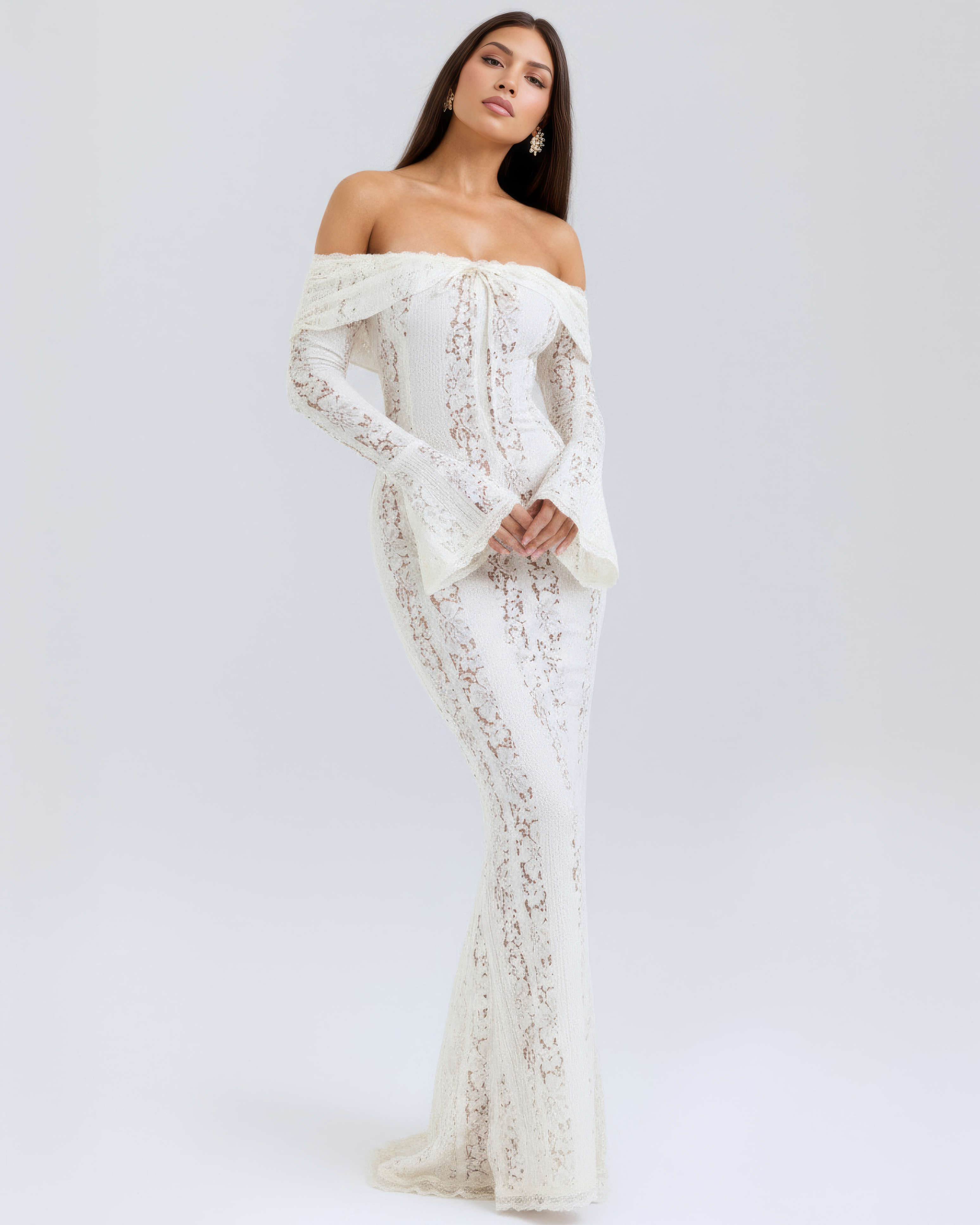 Alessandra Off-Shoulder — Floral Lace Maxi Dress in White