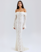 Alessandra Off-Shoulder — Floral Lace Maxi Dress in White