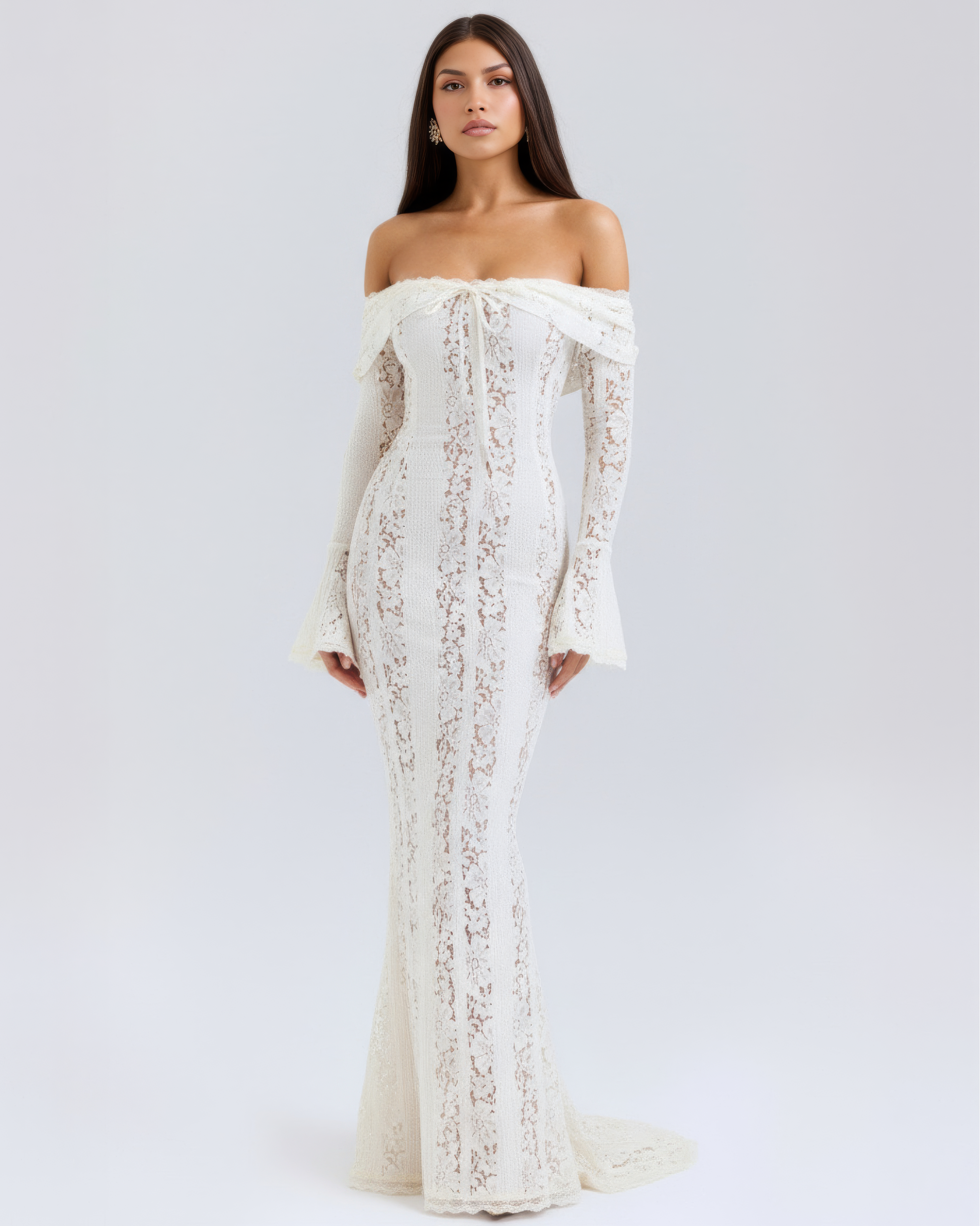 Alessandra Off-Shoulder — Floral Lace Maxi Dress in White