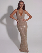Isabella — Gold Crystal Halter Maxi Dress