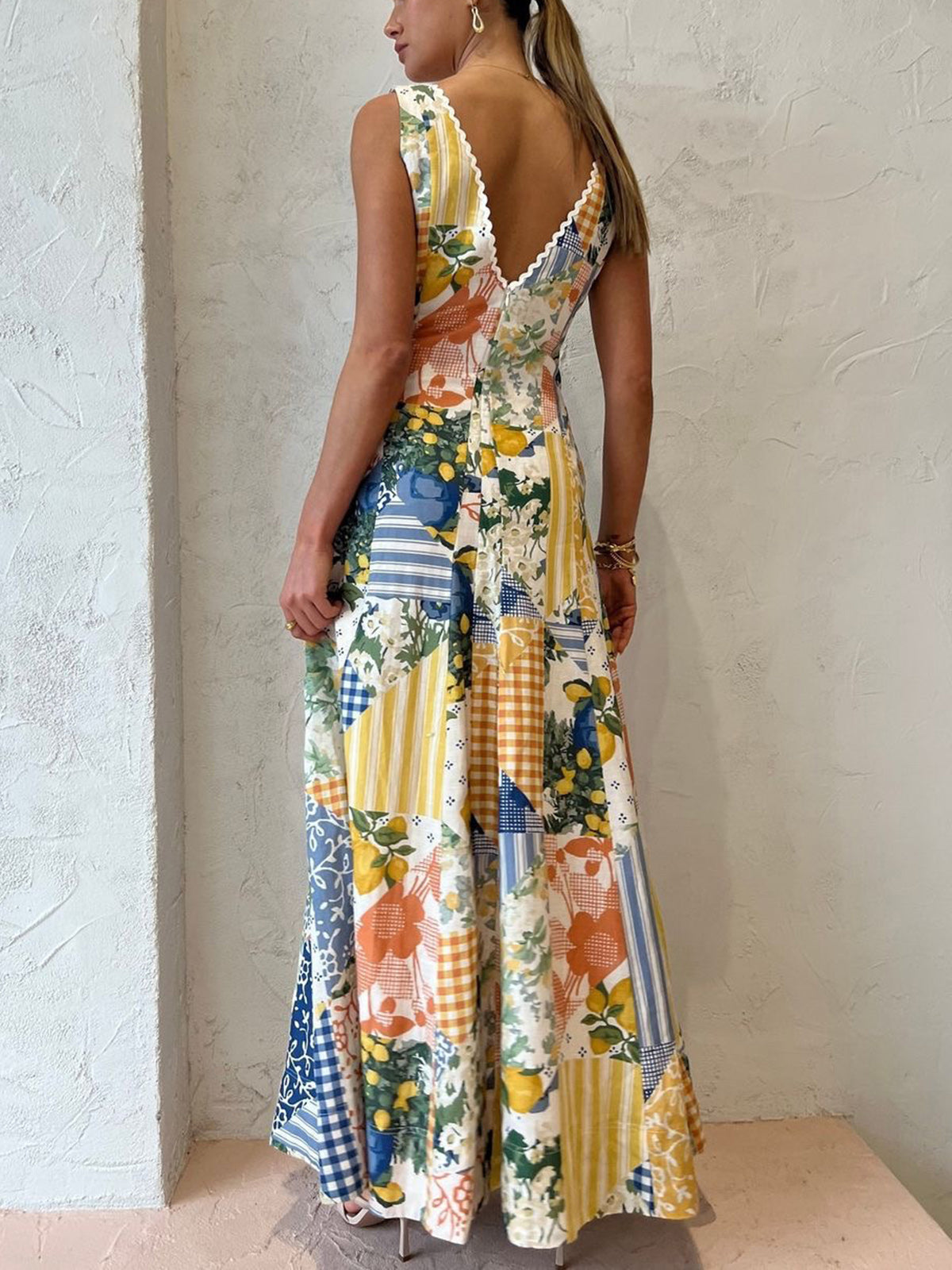 Madeline - Patchwork V-Neck Maxi Dress, White, Boho Charm
