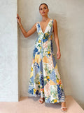 Madeline - Patchwork V-Neck Maxi Dress, White, Boho Charm