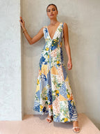 Madeline - Patchwork V-Neck Maxi Dress, White, Boho Charm