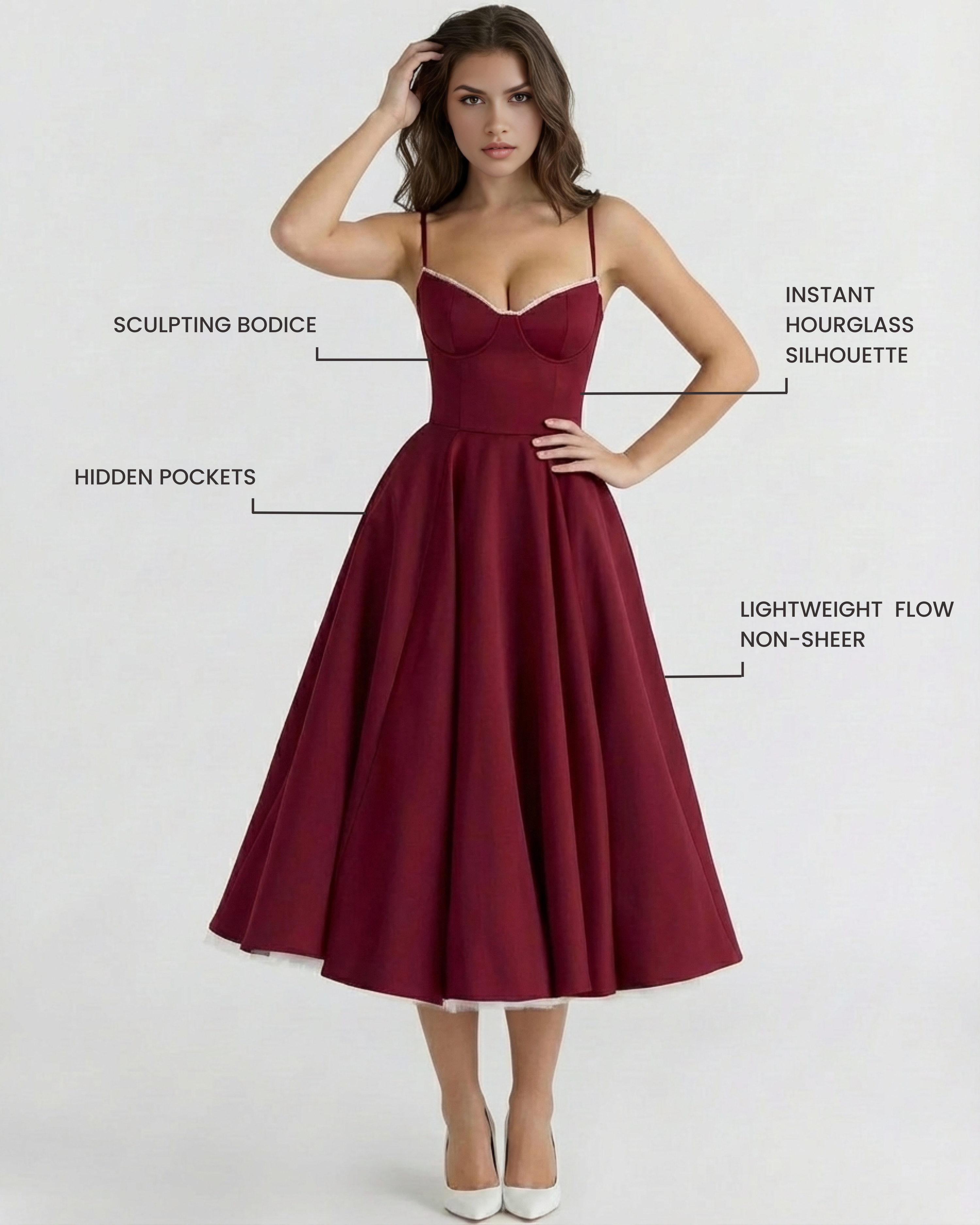 Selene — Burgundy Satin Midi Dress
