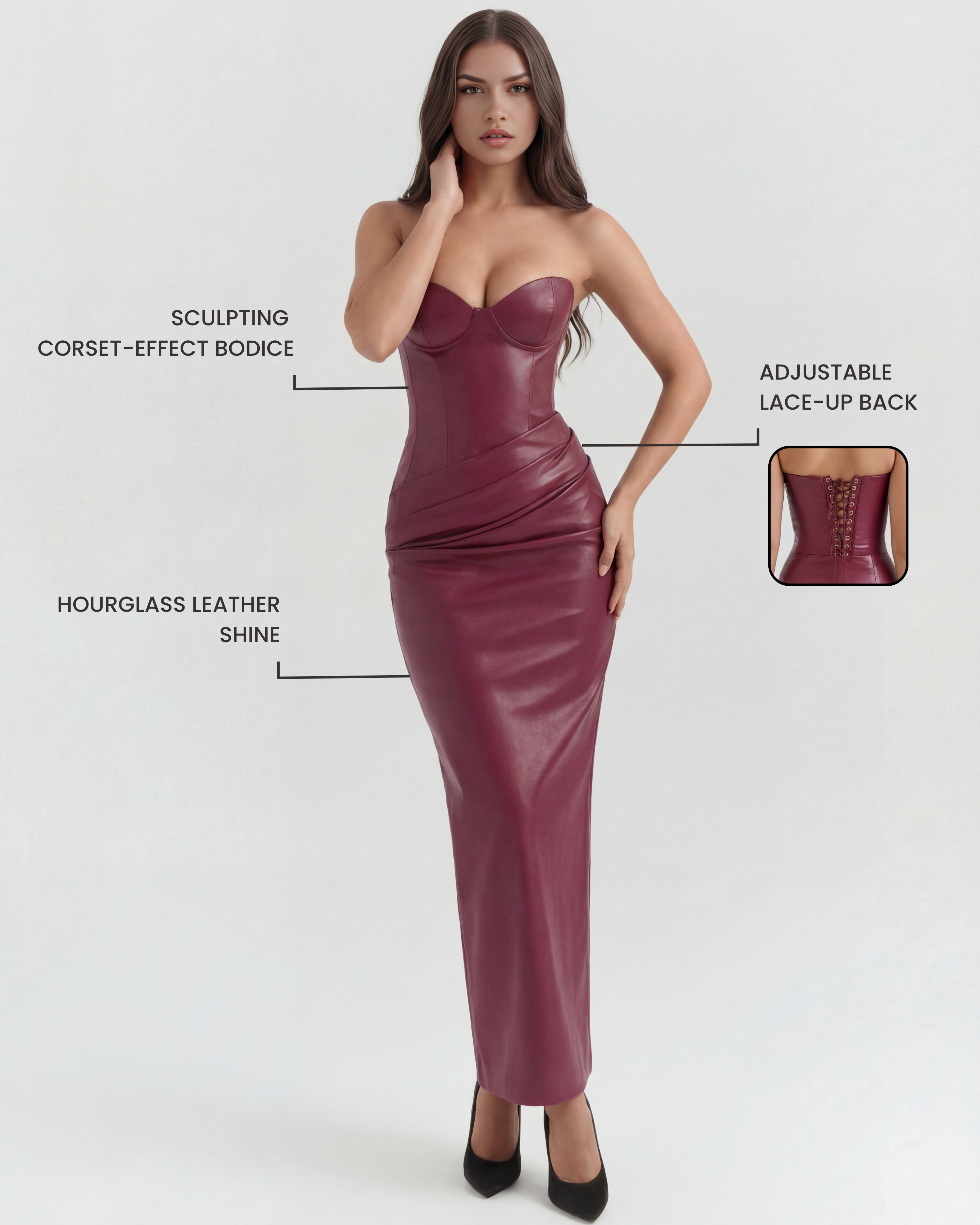 Vanessa — Burgundy Vegan Leather Midi Dress