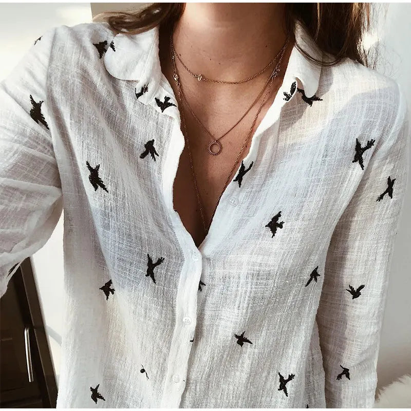Scarlett — Bird-Print Button-Up Blouse