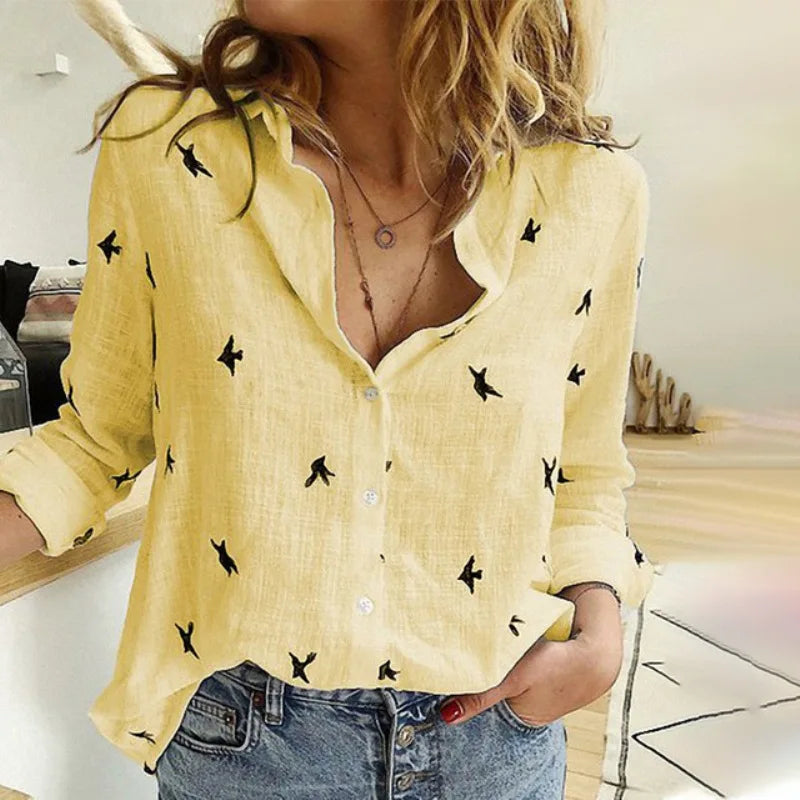 Scarlett — Bird-Print Button-Up Blouse