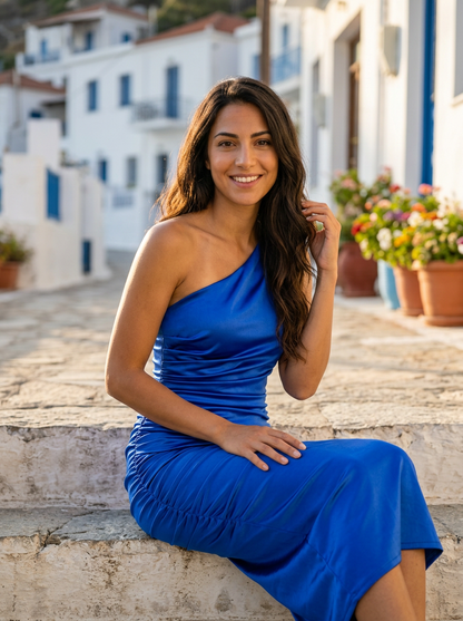 Robe Kefalonia — Bleu Roi Satin Une Epaule Froncee