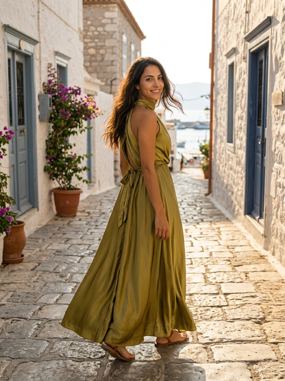 Robe Tinos — Kaki Satin Cowl