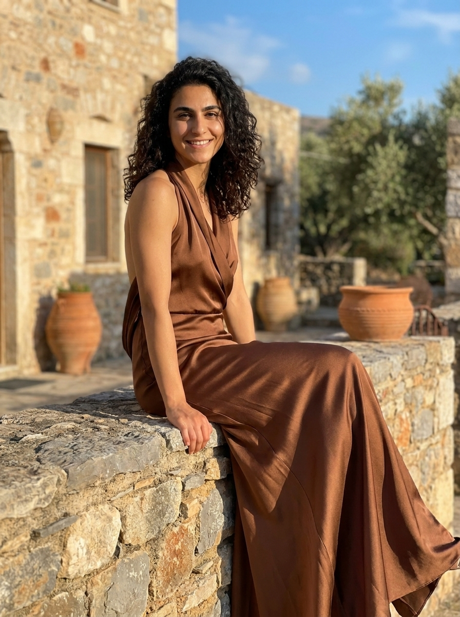 Robe Tilos — Bronze Satin Col en V