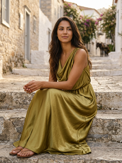 Robe Tinos — Kaki Satin Cowl