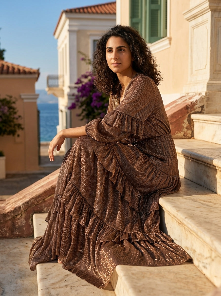 Robe Andros — Bronze Lurex Volants Croisée