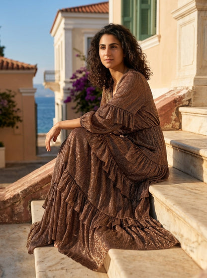 Robe Andros — Bronze Lurex Volants Croisée