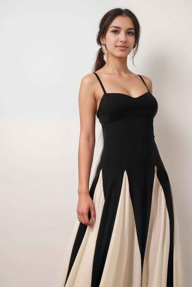 Maris - Timeless Elegance: Black & White Satin-Blend Maxi Gown