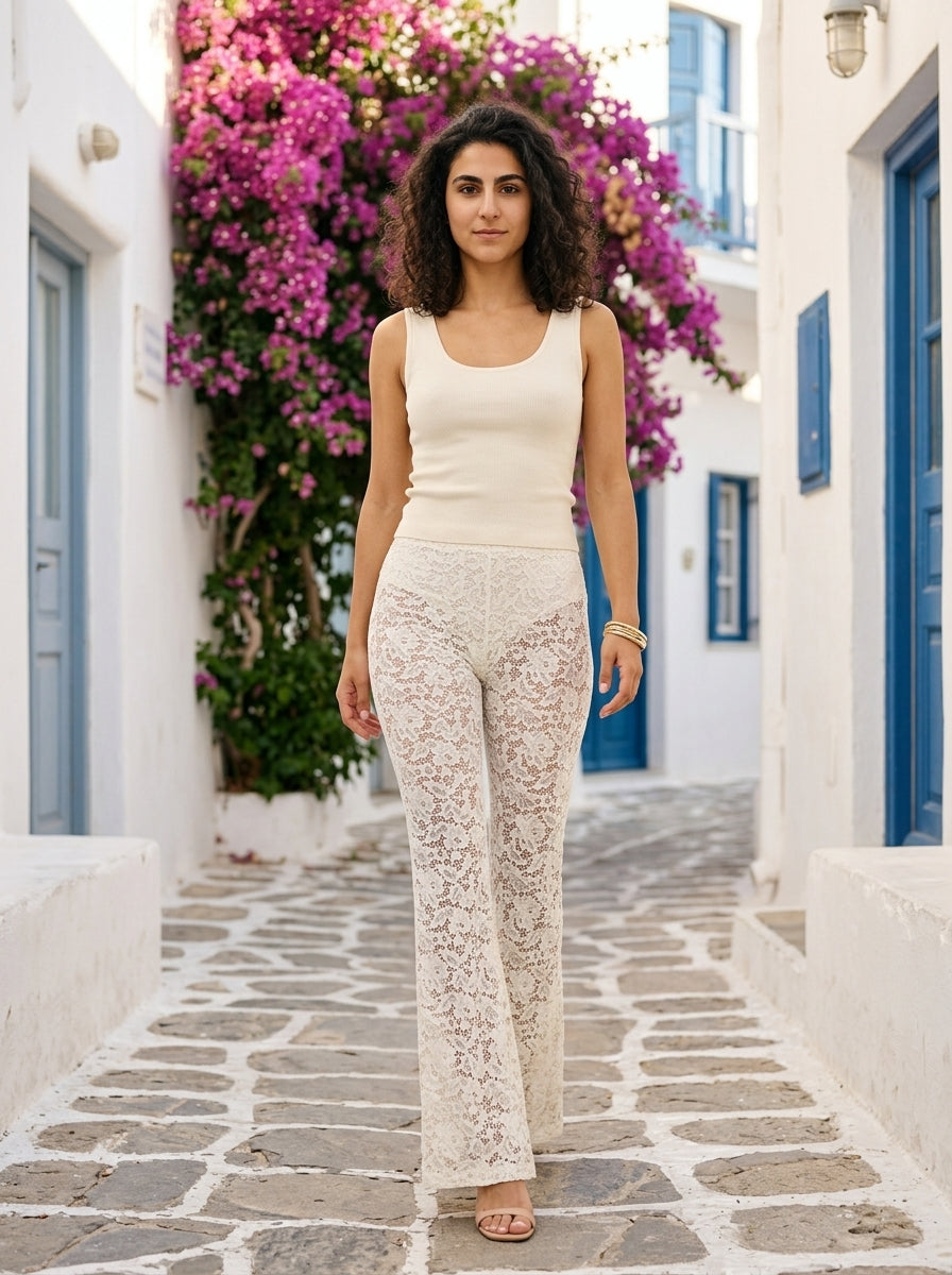 Pantalon Évasé en Dentelle — Écru