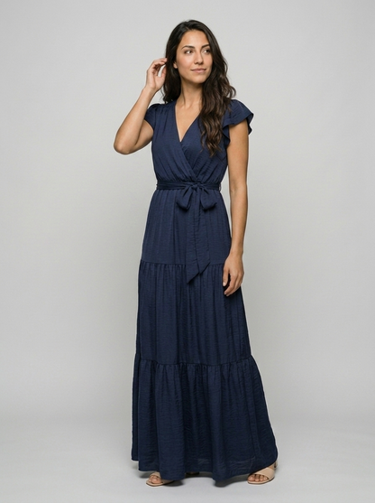 Robe Dokos — Bleu Marine Col V Volants avec Ceinture