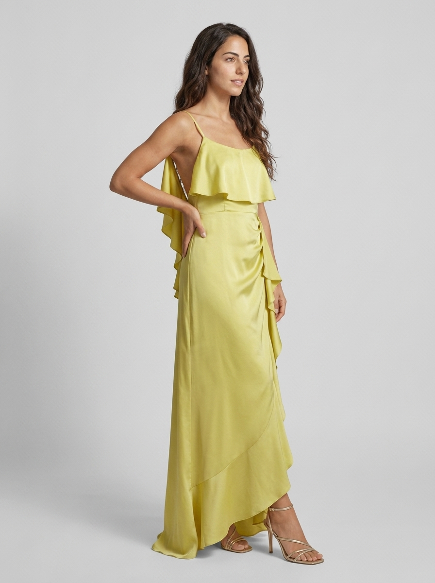 Robe Kasos — Citron Satin à Volants