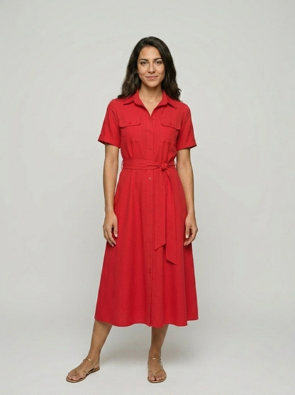 Robe Amorgos — Rouge Chemisier avec Ceinture