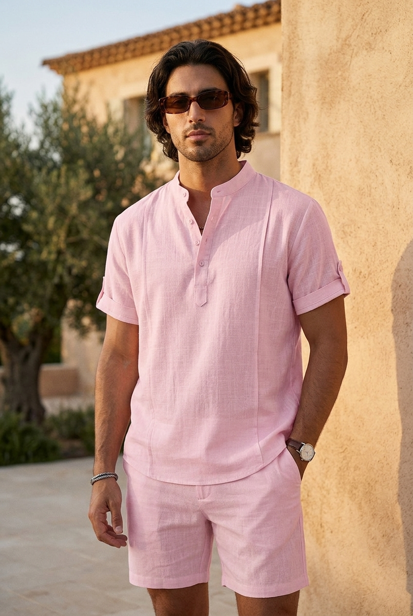 Ensemble Capri henley et short en lin devant un mur en pierre — VERELIO