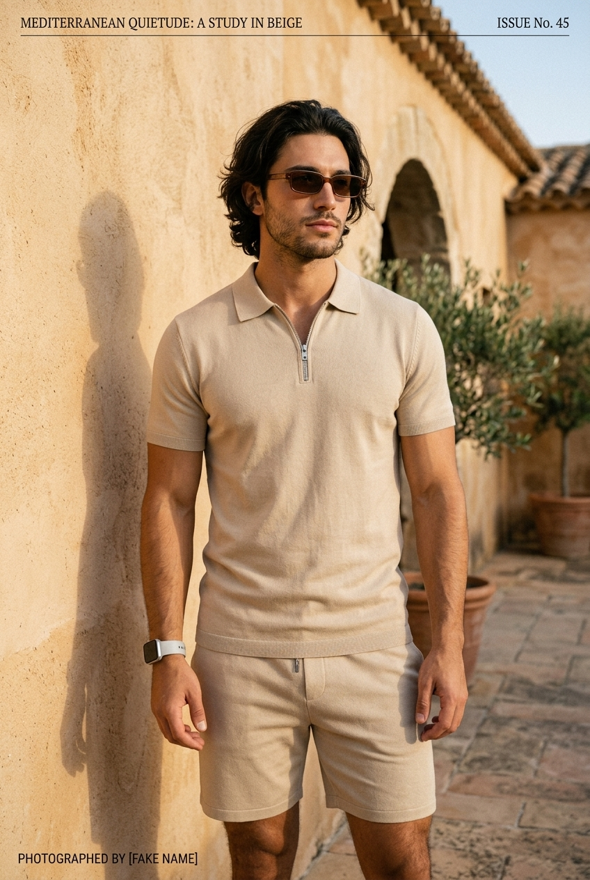 Ensemble Saint-Tropez polo et short devant un mur en pierre — VERELIO