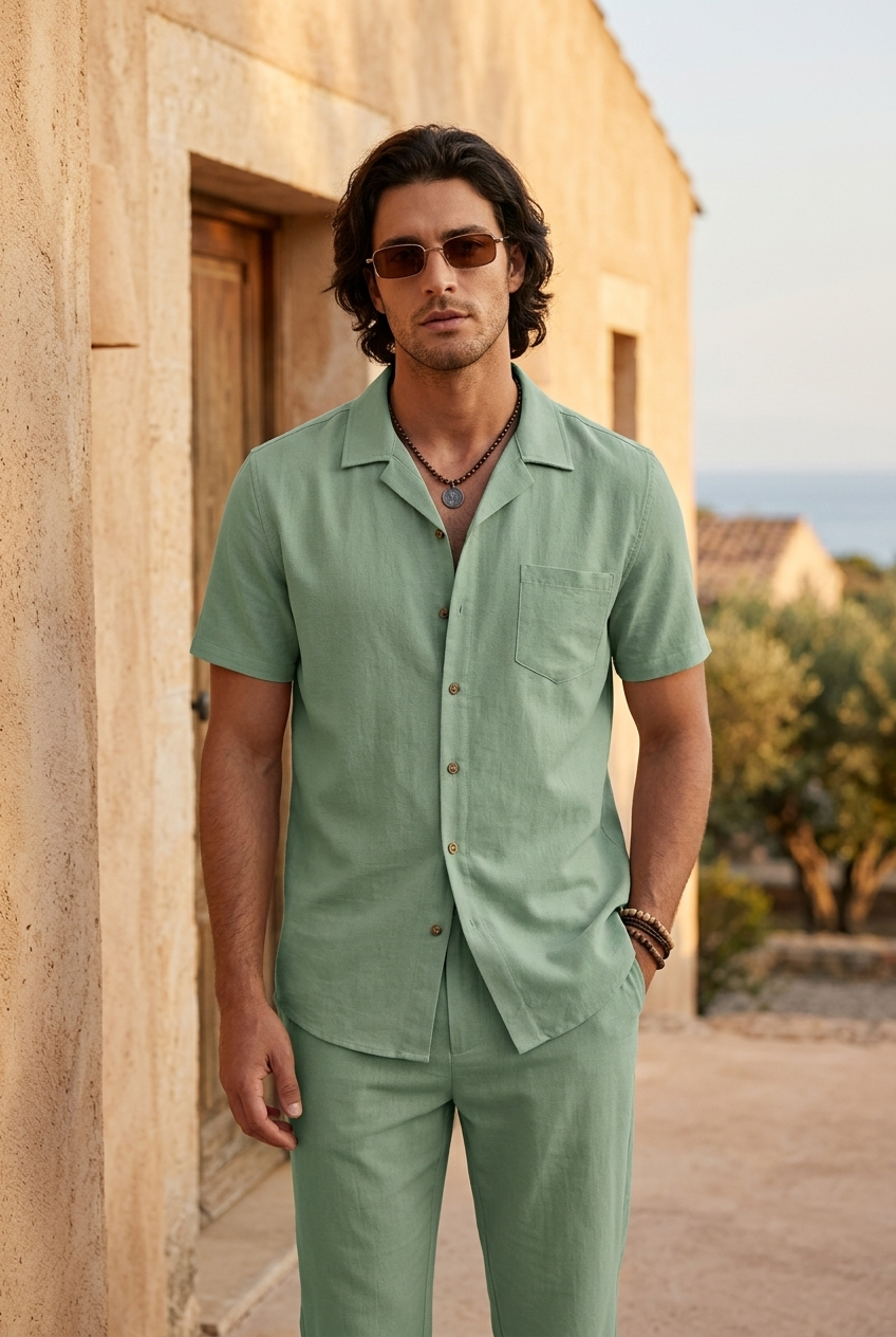 Ensemble Portofino chemise et pantalon d'été devant un mur en pierre — VERELIO