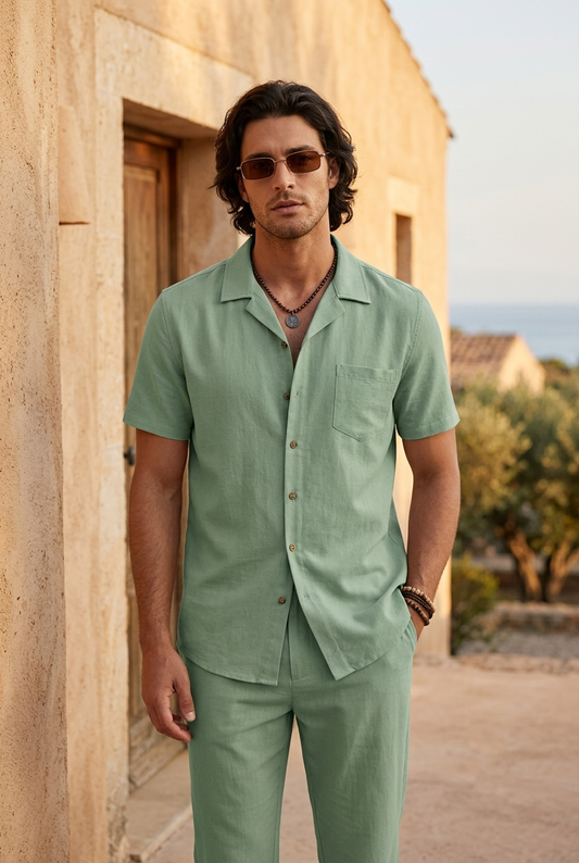 Ensemble Portofino chemise et pantalon d'été devant un mur en pierre — VERELIO