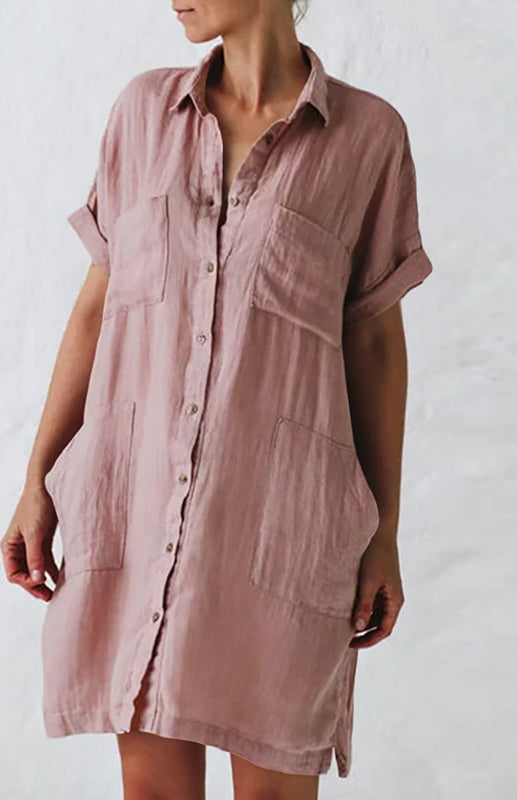 Jillian - Button-Up Shirt Dress with Lapel Collar and Pockets (Plus Sizes Available)