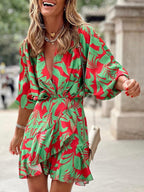 Elena — Tropical-Print Mini Dress with Deep V-Neck