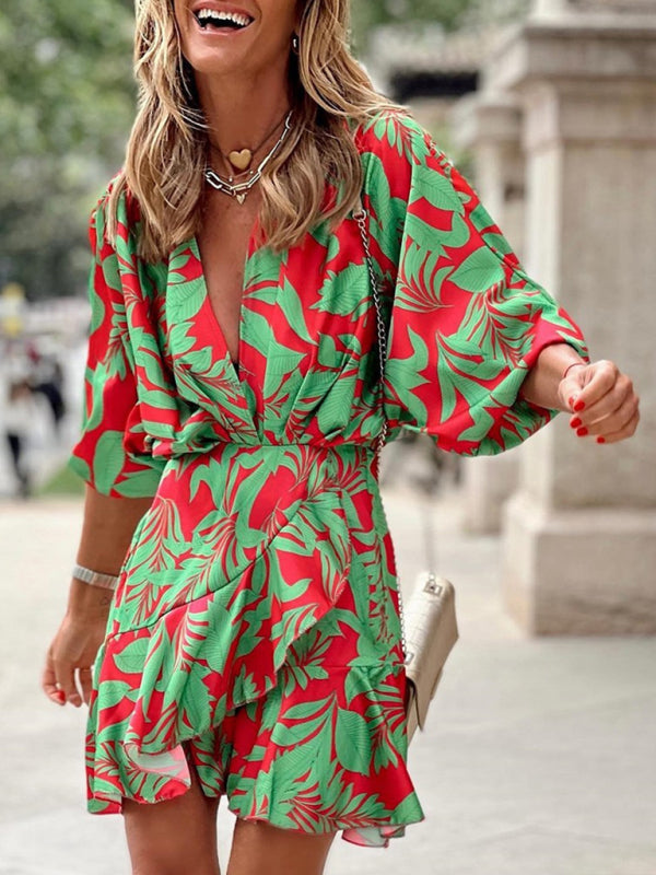 Elena — Tropical-Print Mini Dress with Deep V-Neck