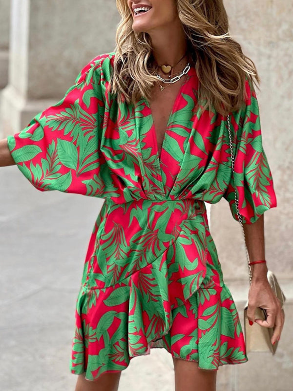 Elena — Tropical-Print Mini Dress with Deep V-Neck