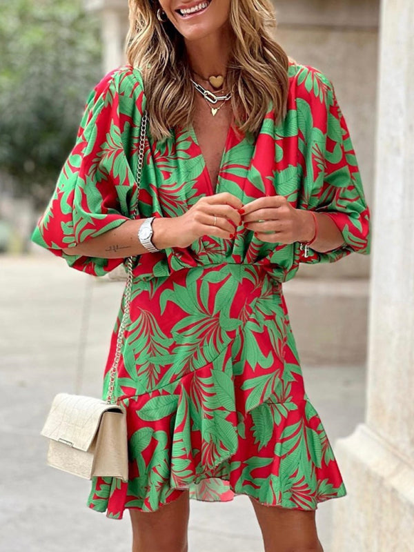 Elena — Tropical-Print Mini Dress with Deep V-Neck