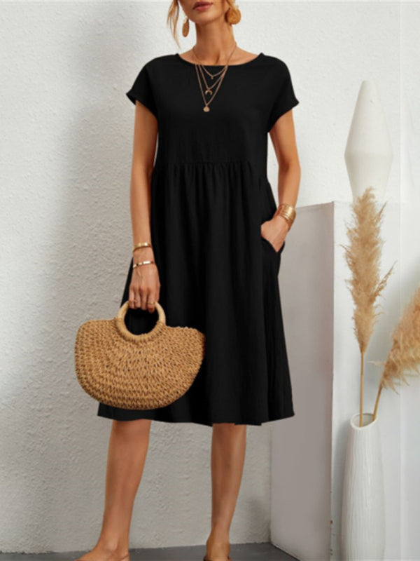 Celia - Solid-Colour A-Line Dress with Round Neck and Short Sleeves