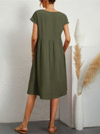 Celia - Solid-Colour A-Line Dress with Round Neck and Short Sleeves