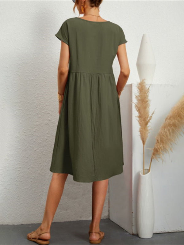 Celia - Solid-Colour A-Line Dress with Round Neck and Short Sleeves