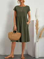 Celia - Solid-Colour A-Line Dress with Round Neck and Short Sleeves