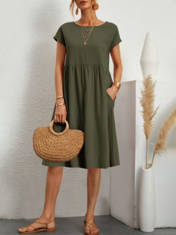 Celia - Solid-Colour A-Line Dress with Round Neck and Short Sleeves
