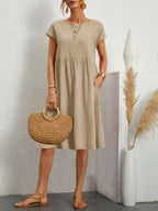 Celia - Solid-Colour A-Line Dress with Round Neck and Short Sleeves