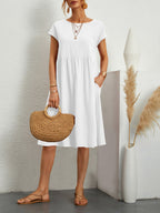 Celia - Solid-Colour A-Line Dress with Round Neck and Short Sleeves
