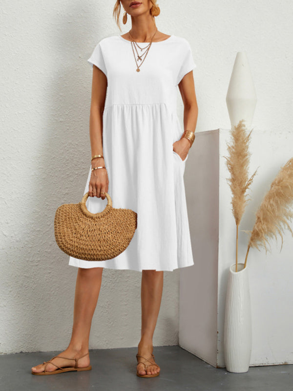 Celia - Solid-Colour A-Line Dress with Round Neck and Short Sleeves