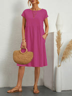 Celia - Solid-Colour A-Line Dress with Round Neck and Short Sleeves