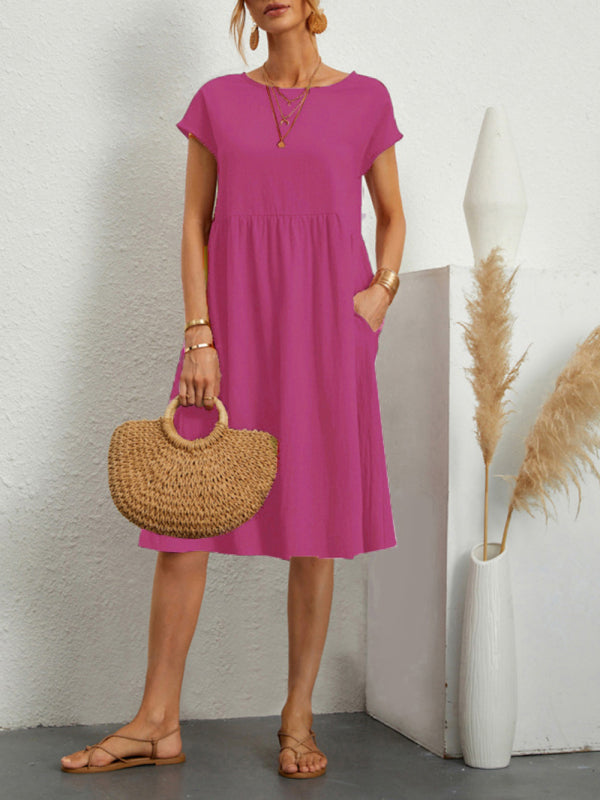 Celia - Solid-Colour A-Line Dress with Round Neck and Short Sleeves