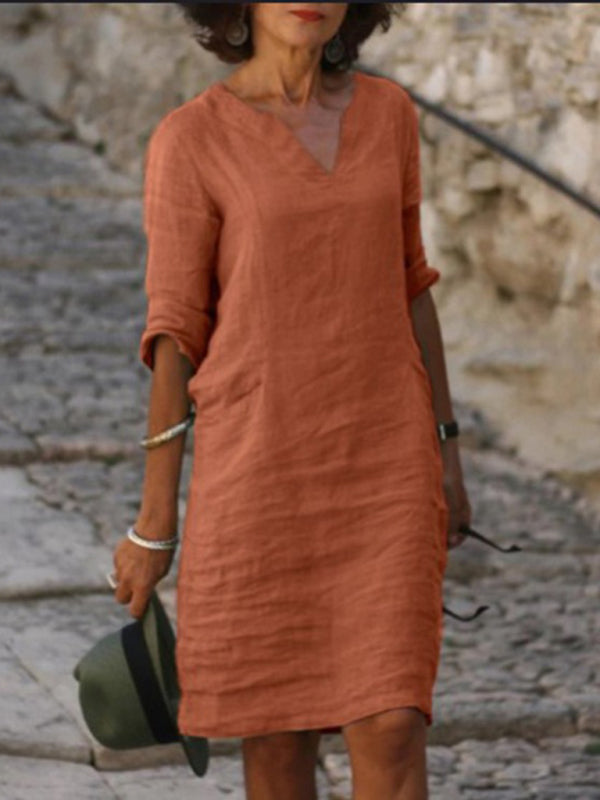 Mila - Cotton-Linen Dress with V-Neck, Mid-Length Sleeves and Fitted Cut