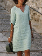 Mila - Cotton-Linen Dress with V-Neck, Mid-Length Sleeves and Fitted Cut