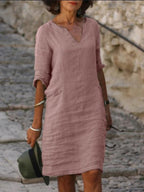 Mila - Cotton-Linen Dress with V-Neck, Mid-Length Sleeves and Fitted Cut