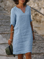 Mila - Cotton-Linen Dress with V-Neck, Mid-Length Sleeves and Fitted Cut