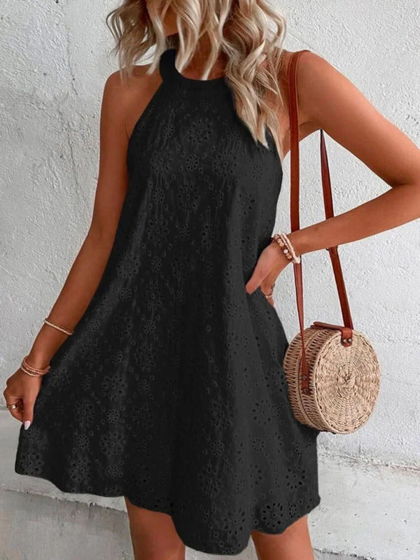 Georgia - Openwork Halter Mini Dress with Floral Pattern