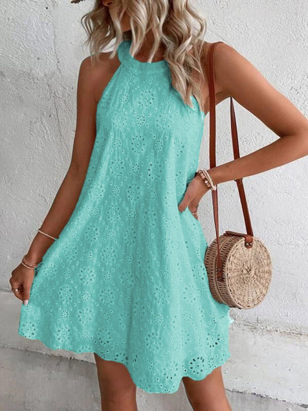 Georgia - Openwork Halter Mini Dress with Floral Pattern